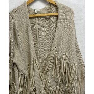 Versona Fringe Knit Cardigan Oversized Beige Open Front Boho Women's M Sweater